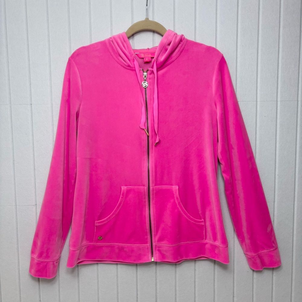 LILLY PULITZER LORINA‎ ZIP UP JACKET POPOVER SWEATSHIRT HOODIE VELOUR HOT PINK M